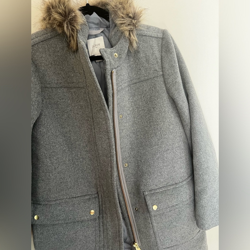 J Crew Factory Wool Blend Pea Coat Grey Fur Trim Size 8 Parka Jacket Hooded
